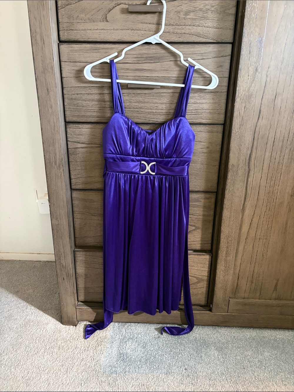 BCX Shiny Purple Satin Empire-Waist Midi Dress with Rhinestone Accent buckle